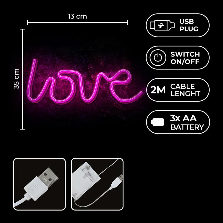 Neon LED-valo LOVE pinkki Lepakko + USB FLNE05 Forever Light