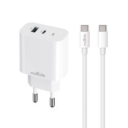 Maxlife MXTC-06-30AC PD QC laturi 1x USB-C 1x USB 30W valkoinen + USB-C - USB-C kaapeli 60W
