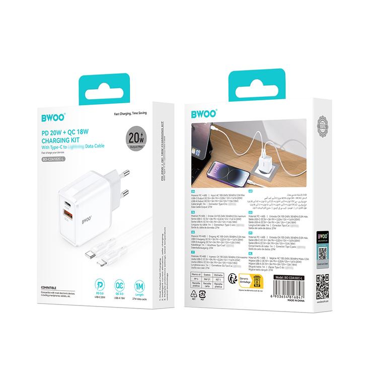 BWOO-sein&auml;laturi CDA182 QC 38W 1x USB-A + 1x USB-C USB-C C-Lightning-kaapelilla 1 m musta