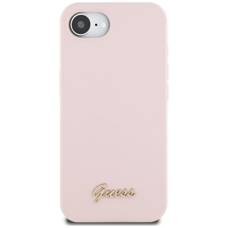 Guess HC Silicone Script Metal Logo -suojakuori iPhone 16e:lle, pinkki