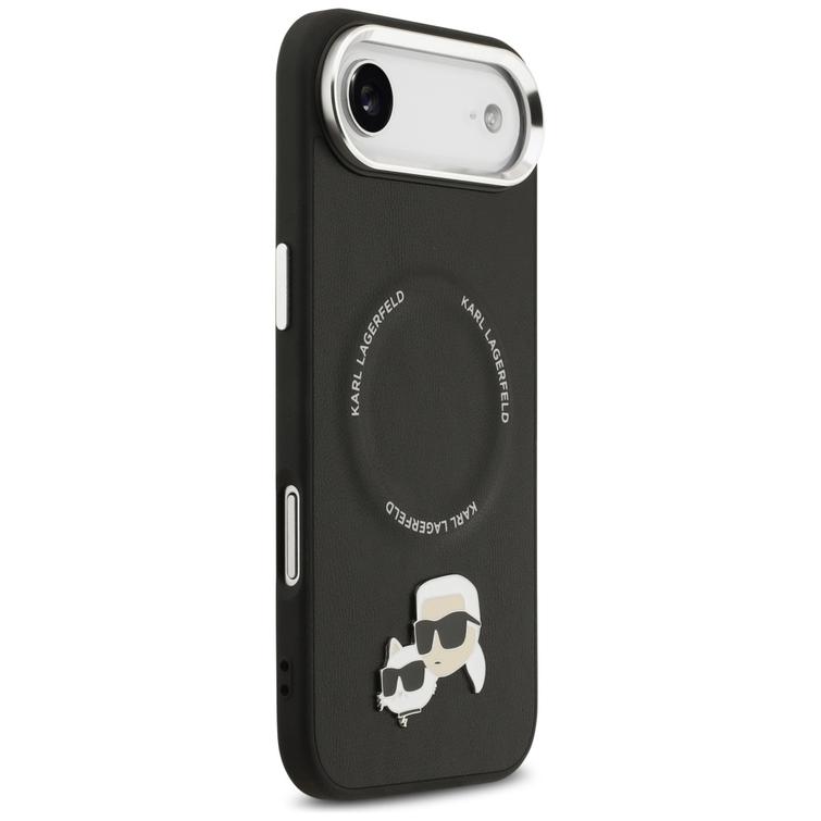 Karl Lagerfeld -kotelo, Magsafe PU -kotelo, jossa Karl&Choupette-päät, nastat, logo ja metalliset kamerapainikkeet iPhone 17 Airille, musta