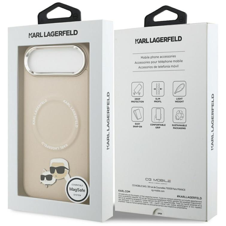Karl Lagerfeld -kotelo, Magsafe PU -kotelo, jossa Karl&Choupette-päät, nastat, logo ja metalliset kamerapainikkeet iPhone 17:lle, harmaa.