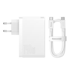 Baseus-seinälaturi GaN5 Pro PD 140W 2x USB-C 1x USB valkoinen + USB-C - USB-C 240W -kaapeli