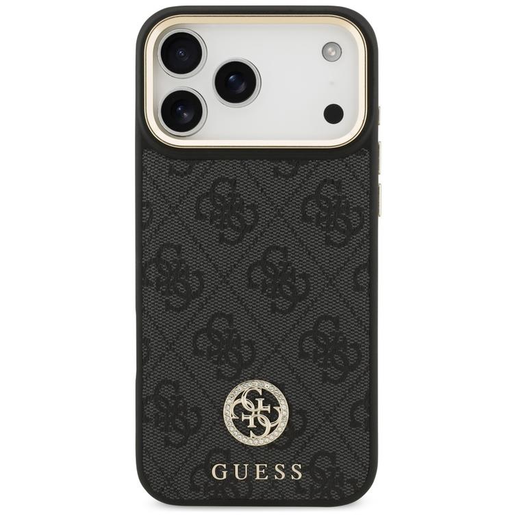 Guess 4G Srtass -logolla ja isolla hihnalla, metallinapeilla varustettu MagSafe-suojakuori iPhone 17 Pro Maxille, musta