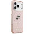 Karl Lagerfeld -kotelo, Magsafe IML -kimallekotelo, metallinen kamerakehys ja napit, Karlin ja Choupetten p&auml;&auml;t KL:n toistuvassa logossa, iPhone 17 Pro, pinkki