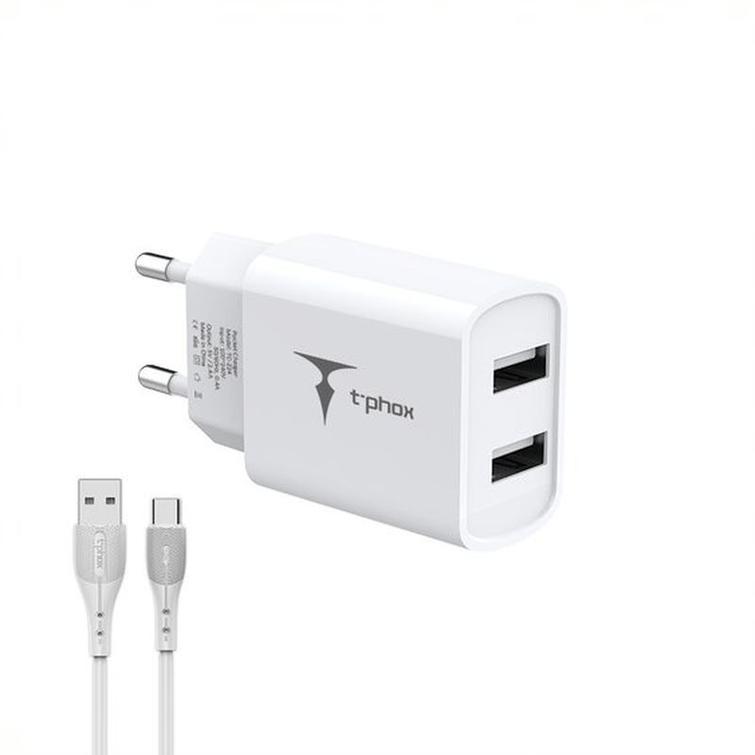 T-PHOX WALL CHARGER POCKET SERIES 2xUSB TCC-224 12W + USB-C CABLE WHITE