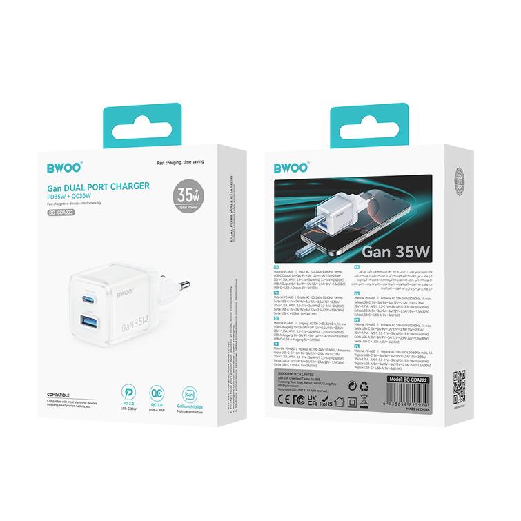 BWOO GaN wall charger CDA222 PD 35W 1 x USB 1 x USB-C, white
