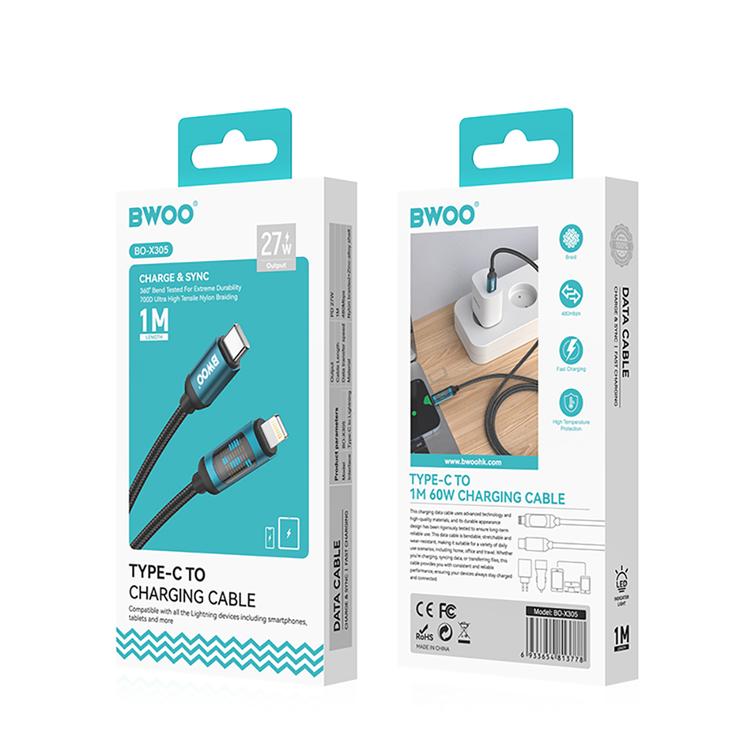 BWOO usb-c Lightning-kaapeli 1m 27W LED-n&auml;yt&ouml;ll&auml;, punottu, musta