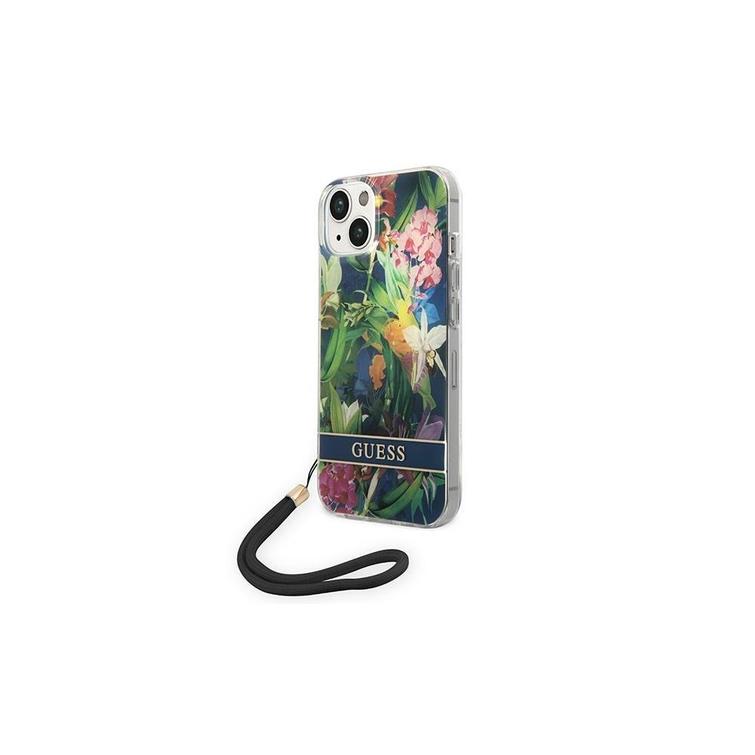 Guess iPhone 14 6,1" suojakuori GUOHCP14SHFLSB sininen HC PC/TPU kukkakuvioinen johto