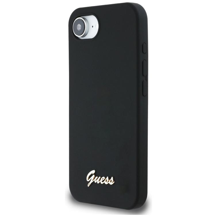 Guess HC Silicone Script Metal Logo -suojakuori iPhone 16e:lle, musta