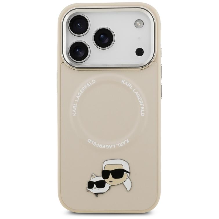Karl Lagerfeld -kotelo, Magsafe PU -kotelo, jossa Karl&Choupette-päät, nastat, logo ja metalliset kamerapainikkeet iPhone 17 Pro Maxille, harmaa