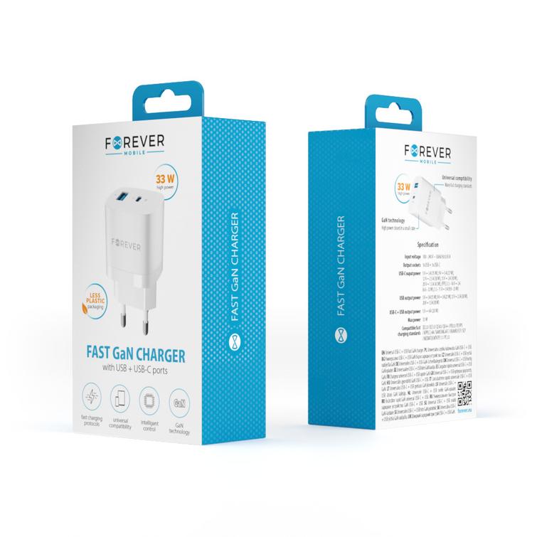 Forever TC-05-33AC GaN PD QC laturi 1x USB-C 1x USB 33W valkoinen