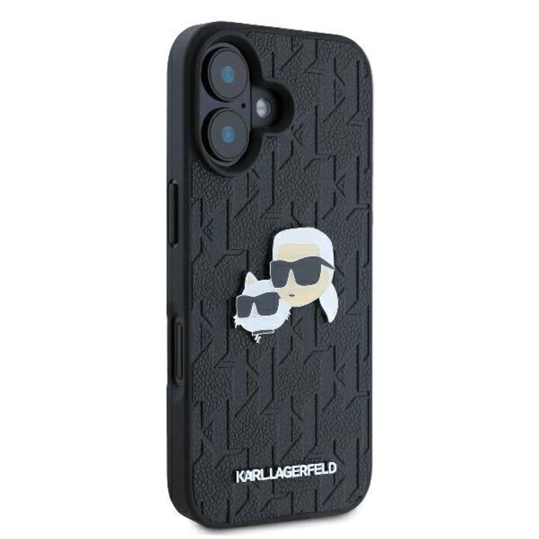 Karl Lagerfeld iPhone 16 6,1" -puhelimen kuoret, KLHCP16SPGKLKCPK, musta, kova monogrammikuvioinen Karl&Choupette-neula.