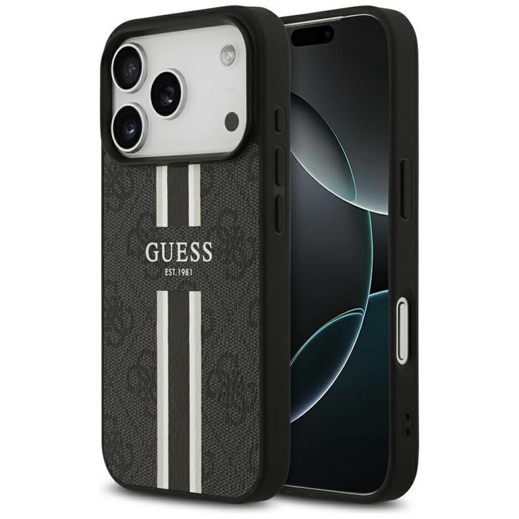 Guess 4G Printed Stripes MagSafe -suojakuori iPhone 17 Prolle, musta