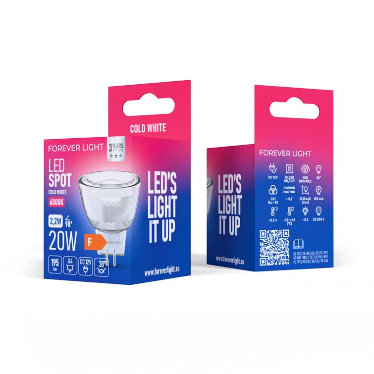 Forever Light LED-lamppu G4 MR11 38&deg; 2.2W 195lm 6000K 12V lasi luokka F