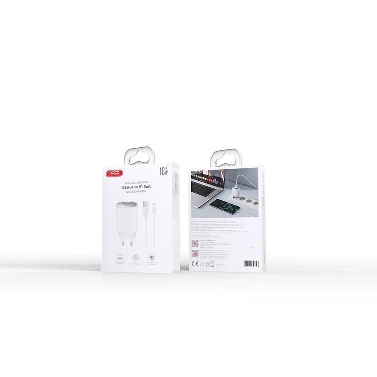 XO-sein&auml;laturi CE19 QC 18W 1x USB valkoinen + Lightning-kaapeli