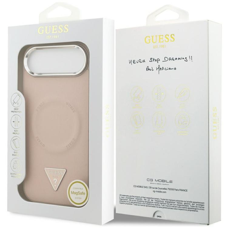 Guess Case Magsafe PU -nahkakotelo kolmiologolla, hopeanv&auml;rinen metallinen kamerakehys iPhone 17 Airille, pinkki