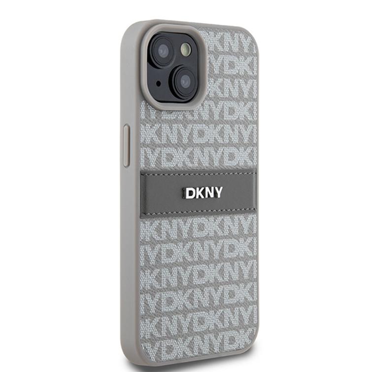 DKNY iPhone 15 Plus 6,7" -puhelimen kuori DKHCP15MPRTHSLE, beige HC PU -kuvioitu toistuva kuvio ja sävyinen raita.