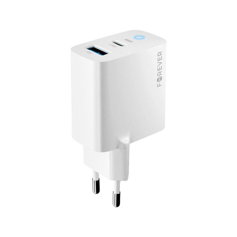 Forever TC-06-20AC PD QC laturi 1x USB-C 1x USB 20W valkoinen