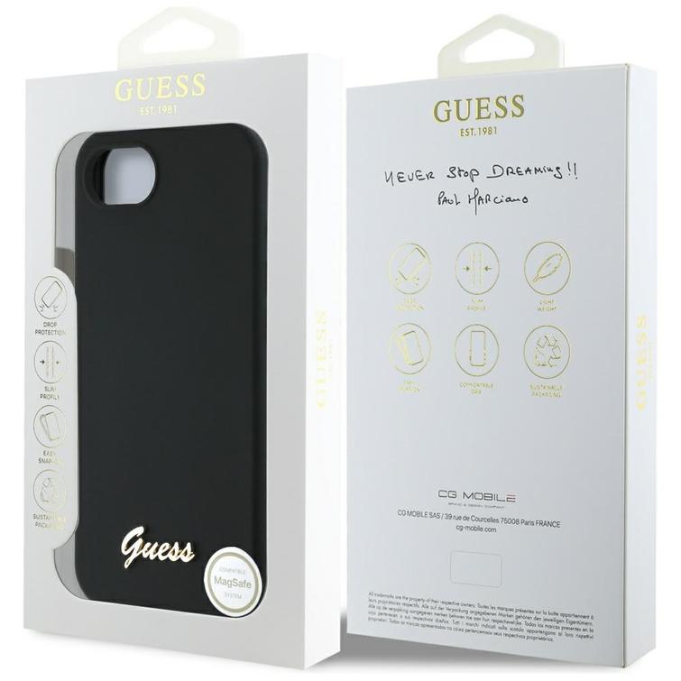 Guess HC Silicone Script Metal Logo -suojakuori iPhone 16e:lle, musta