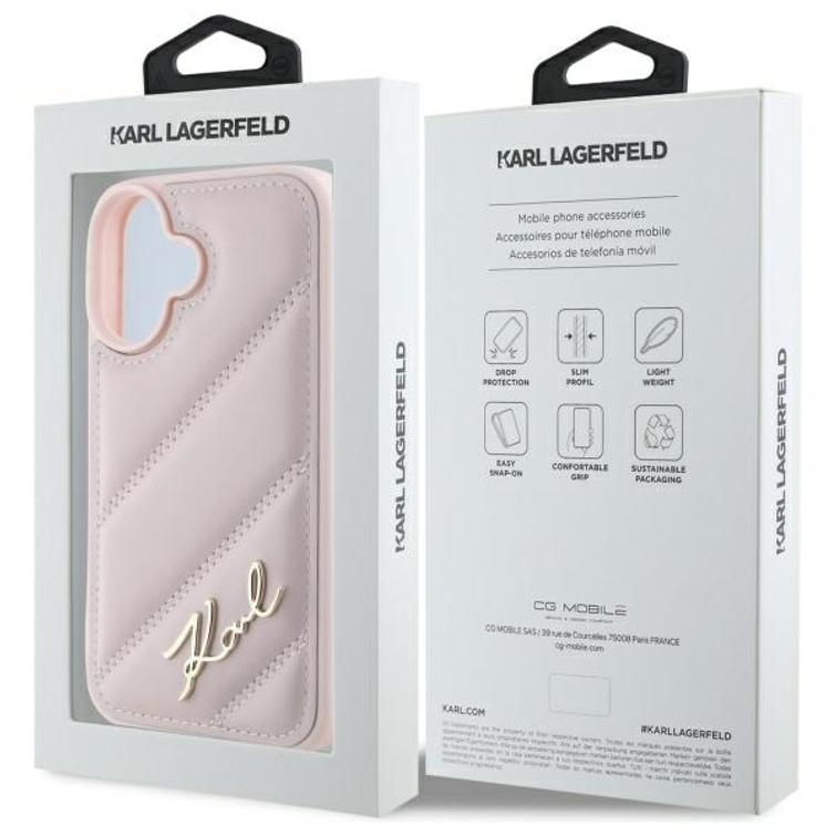 Karl Lagerfeld iPhone 16 6,1" -puhelimen suojakuori, KLHCP16SPQDSMGP, pinkki, kovatikkattu Signature-kuvio.