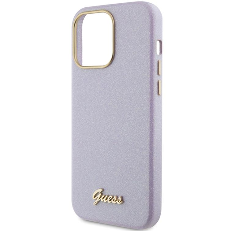 Guess iPhone 15 Pro Max 6,7" -puhelimen kuoret GUHCP15XPGMCSL liilaa kovakuori Glitter Glossy Script -kuviolla.