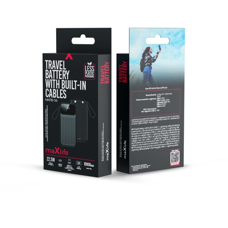 Maxlife varavirtalähde sisäänrakennetuilla kaapeleilla MXPB-06 PD QC 22,5W 10000 mAh musta