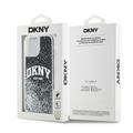DKNY iPhone 15 6,1" -puhelimen kuoret, mustat nestekimalleilla ja kaarilogolla. DKNY DKHCP15SLBNAEK -kotelo.
