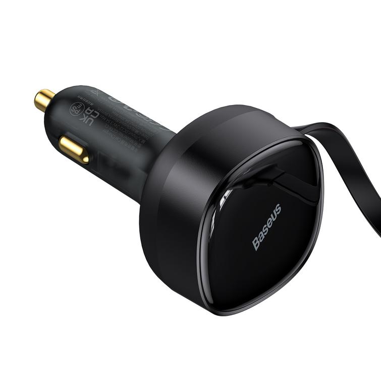 Baseus autolaturi Enjoyment sisäänvedettävä 2w1 30W musta, mukana kaapeli 1x USB-C ja 1x Lightning