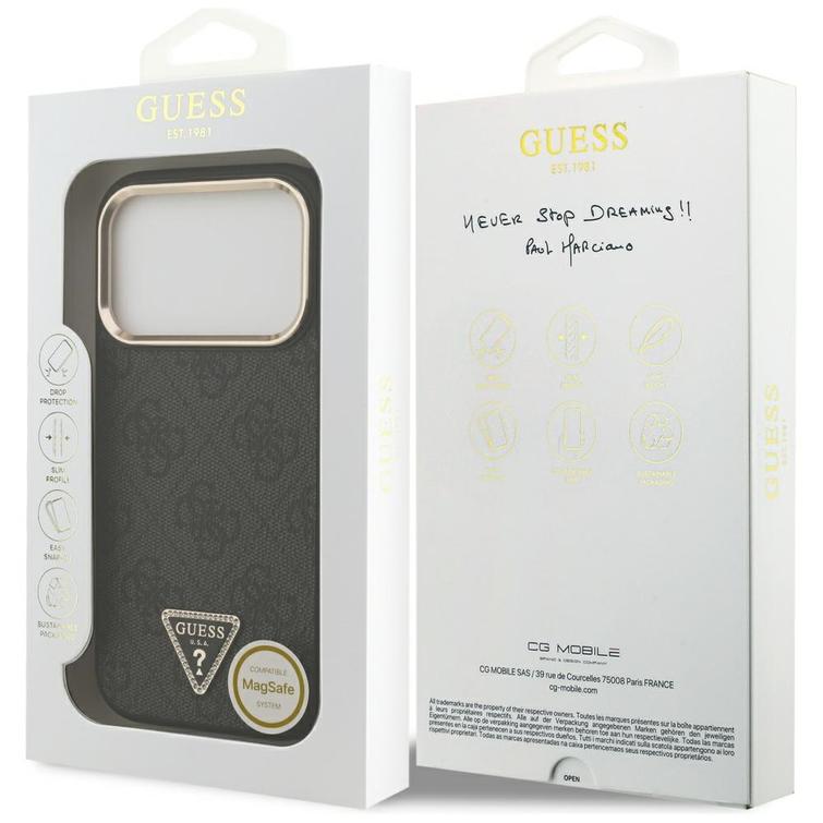 Guess Case Magsafe 4G PU-nahkakotelo kolmiologolla ja kultaisella metallisella kamerakehyksellä iPhone 17 Prolle, ruskea