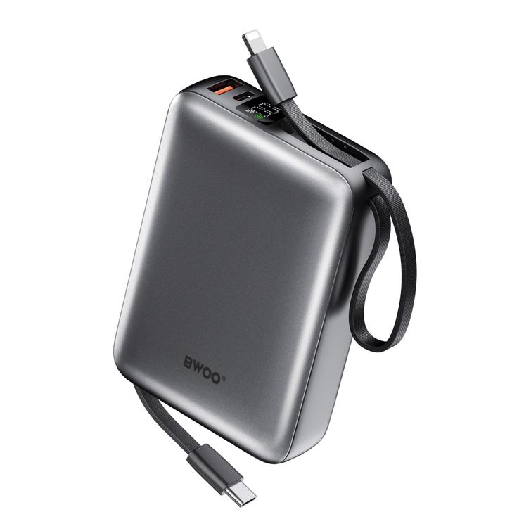 BWOO-varavirtal&auml;hde P73 22,5 W 20 000 mAh kahdella sis&auml;&auml;nrakennetulla kaapelilla, 1 x USB-C ja 1 x Lightning, musta