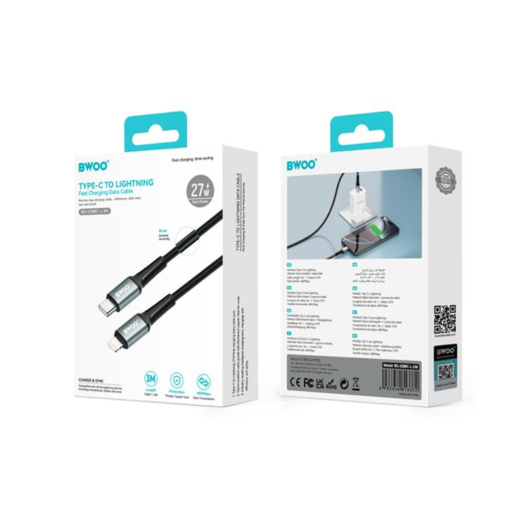 BWOO Punottu USB-C-kaapeli - Lightning 3m 30W musta