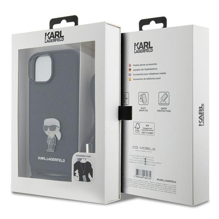 Karl Lagerfeld iPhone 15 6,1" suojakuori KLHCP15SSASKNPSK musta HC Saffiano Ikonik Metal Pin Monogram Crossbody -suojakuori.
