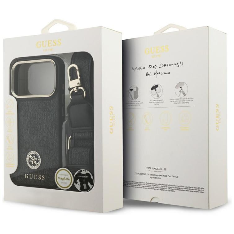 Guess 4G Strass Logo & Big Strap Metal Buttons MagSafe -kotelo iPhone 17 Prolle, musta