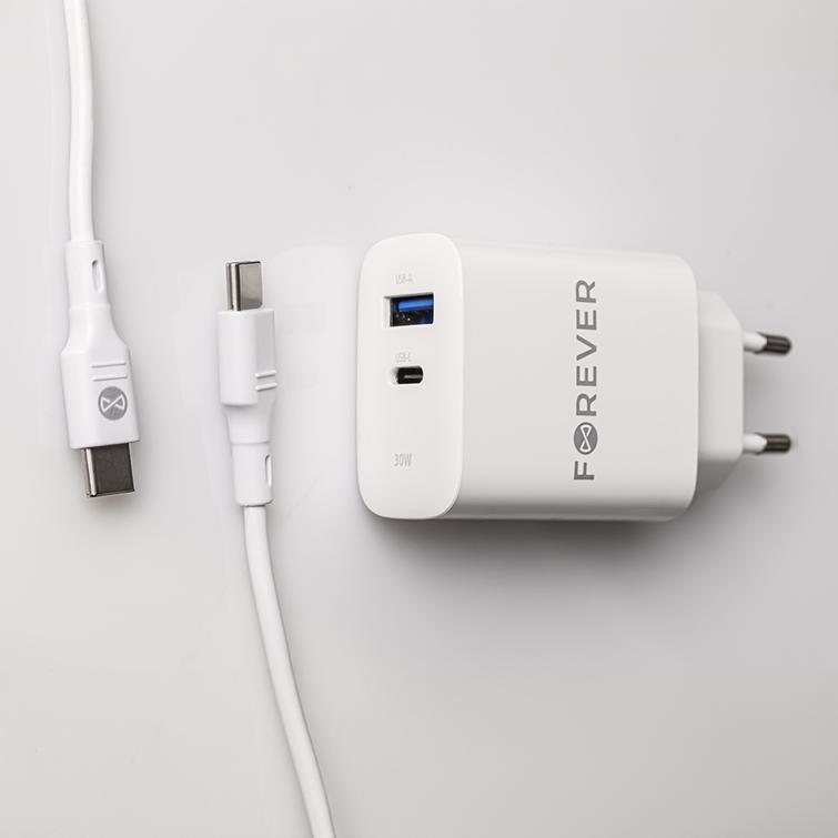 Forever TC-07-30AC PD QC laturi 1x USB-C 1x USB 30W valkoinen + USB-C - USB-C kaapeli 60W