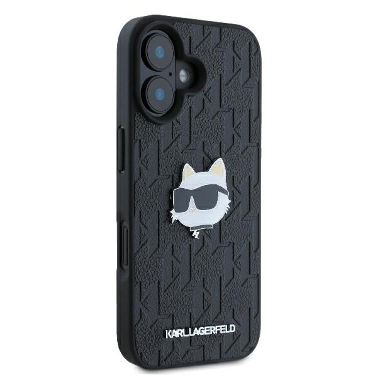 Karl Lagerfeld iPhone 16 6,1" -puhelimen kuoret, KLHCP16SPGKLCHPK, musta, kova monogrammikuvioinen Choupette-kuvioinen neulapää.
