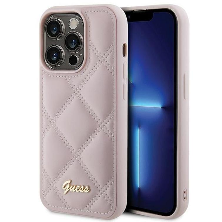 Guess iPhone 15 Pro Max 6,7" -puhelimen suojakuori GUHCP15XPSQSQSP, pinkki, HC PU -tikattu metallilogo