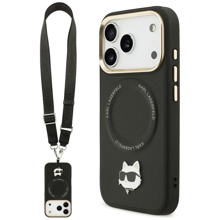 Karl Lagerfeld Big Strap Choupette Metal Logo MagSafe -kotelo iPhone 17 Pro Maxille, musta