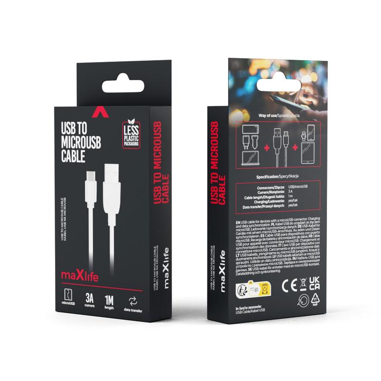 Maxlife-kaapeli USB - microUSB 1,0 m 3A valkoinen