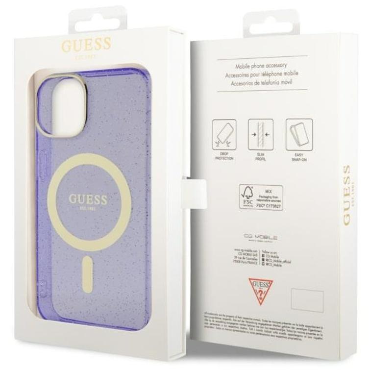 Guess iPhone 14 6,1" GUHMP14SHCMCGU kovakuori, violetti, Magsafe IML Glitter Gold