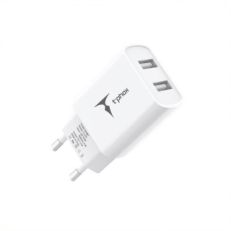 T-PHOX WALL CHARGER POCKET SERIES 2xUSB TCC-224 12W + USB-C CABLE WHITE
