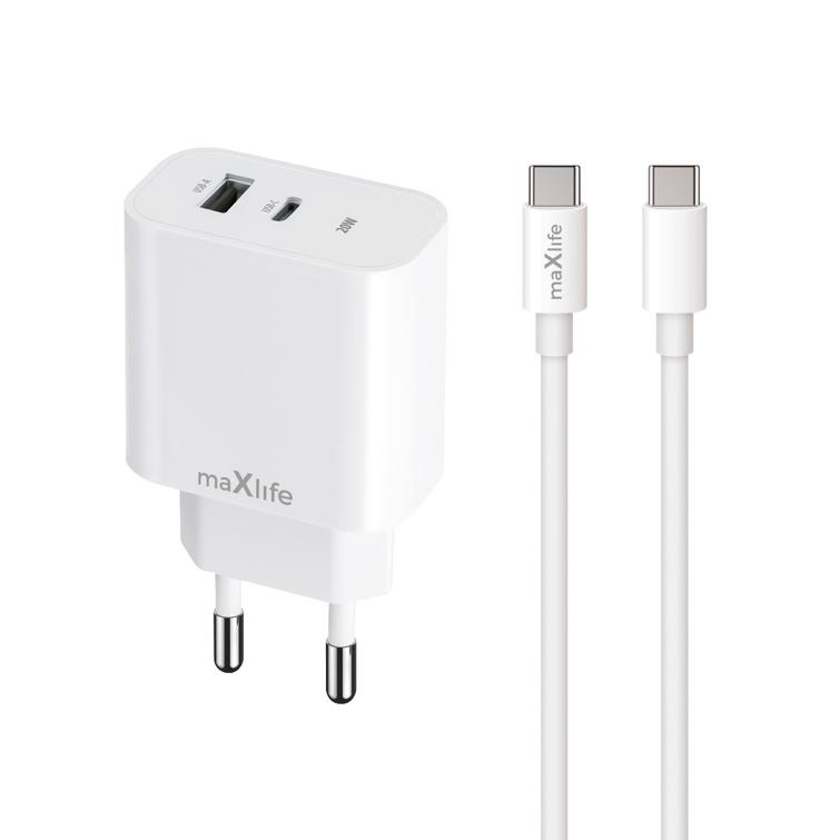 Maxlife MXTC-06-20AC PD QC laturi 1x USB-C 1x USB 20W valkoinen + USB-C - USB-C kaapeli 20W
