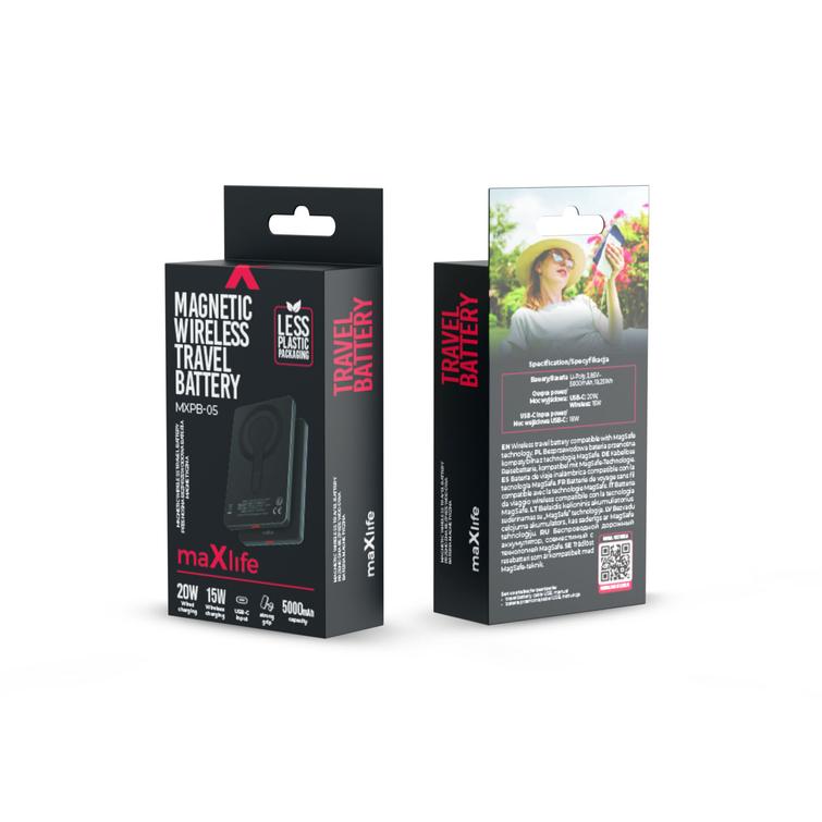 Maxlife langaton varavirtal&auml;hde MXPB-05 20W PD 5000 mAh magneettinen musta