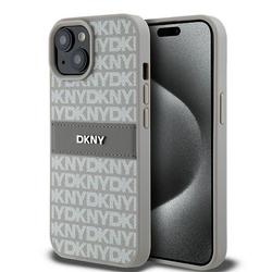 DKNY iPhone 15 Plus 6,7" -puhelimen kuori DKHCP15MPRTHSLE, beige HC PU -kuvioitu toistuva kuvio ja s&auml;vyinen raita.