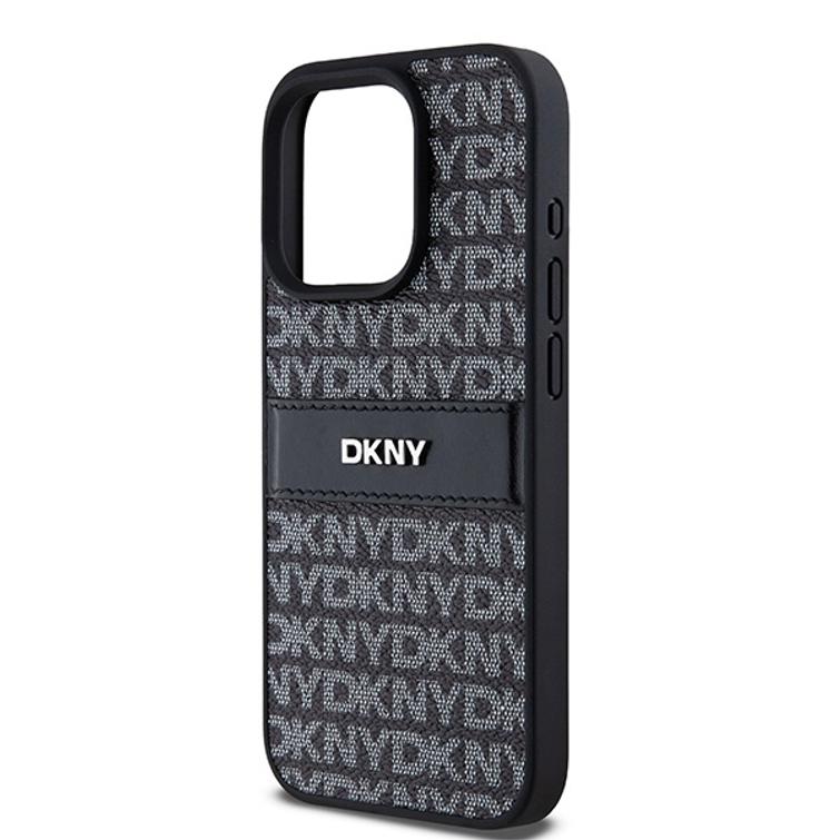 DKNY-suojakuori iPhone 15 Pro Max 6,7":lle DKHCP15XPRTHSLK musta HC PU -kuvioitu toistuva tekstuurikuvio sävyraidalla.