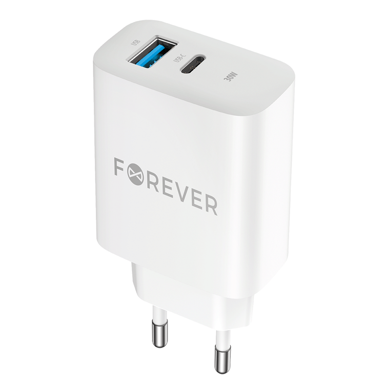 Forever TC-07-30AC PD QC laturi 1x USB-C 1x USB 30W valkoinen