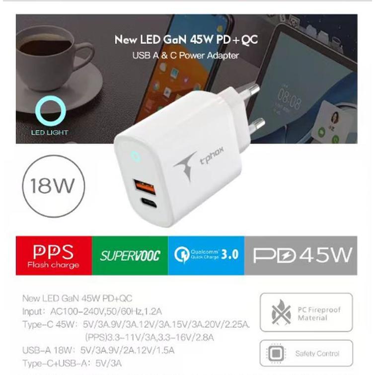 WALL CHARGER T-PHOX GLORY 45W USB/USB-C WHITE