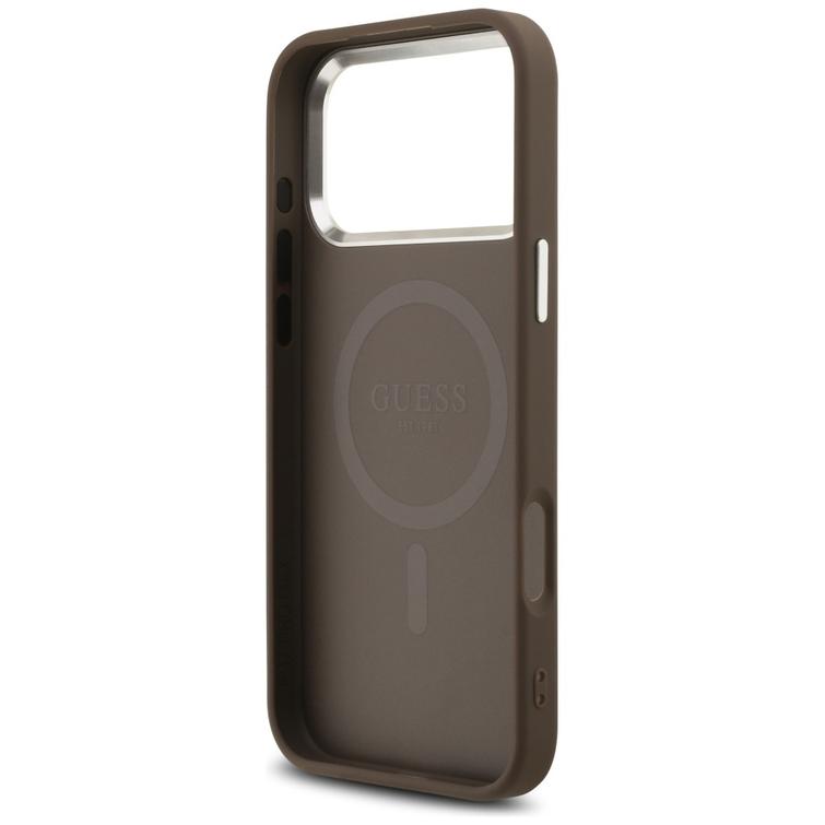 Guess Case Magsafe 4G PU-nahkakotelo kolmiologolla ja hopeisella metallisella kamerakehyksellä iPhone 17 Pro Maxille, ruskea