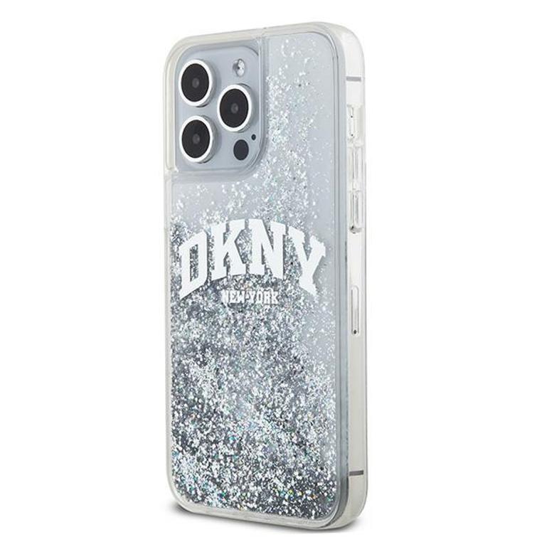 DKNY-suojakuori iPhone 15 Pro Max 6,7":lle DKHCP15XLBNAET, valkoiset HC-nestekimalteet ja kaarilogo.
