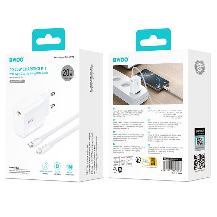 BWOO CDA159 PD sein&auml;laturi 20W 1x USB-C-portti + Lightning valkoinen